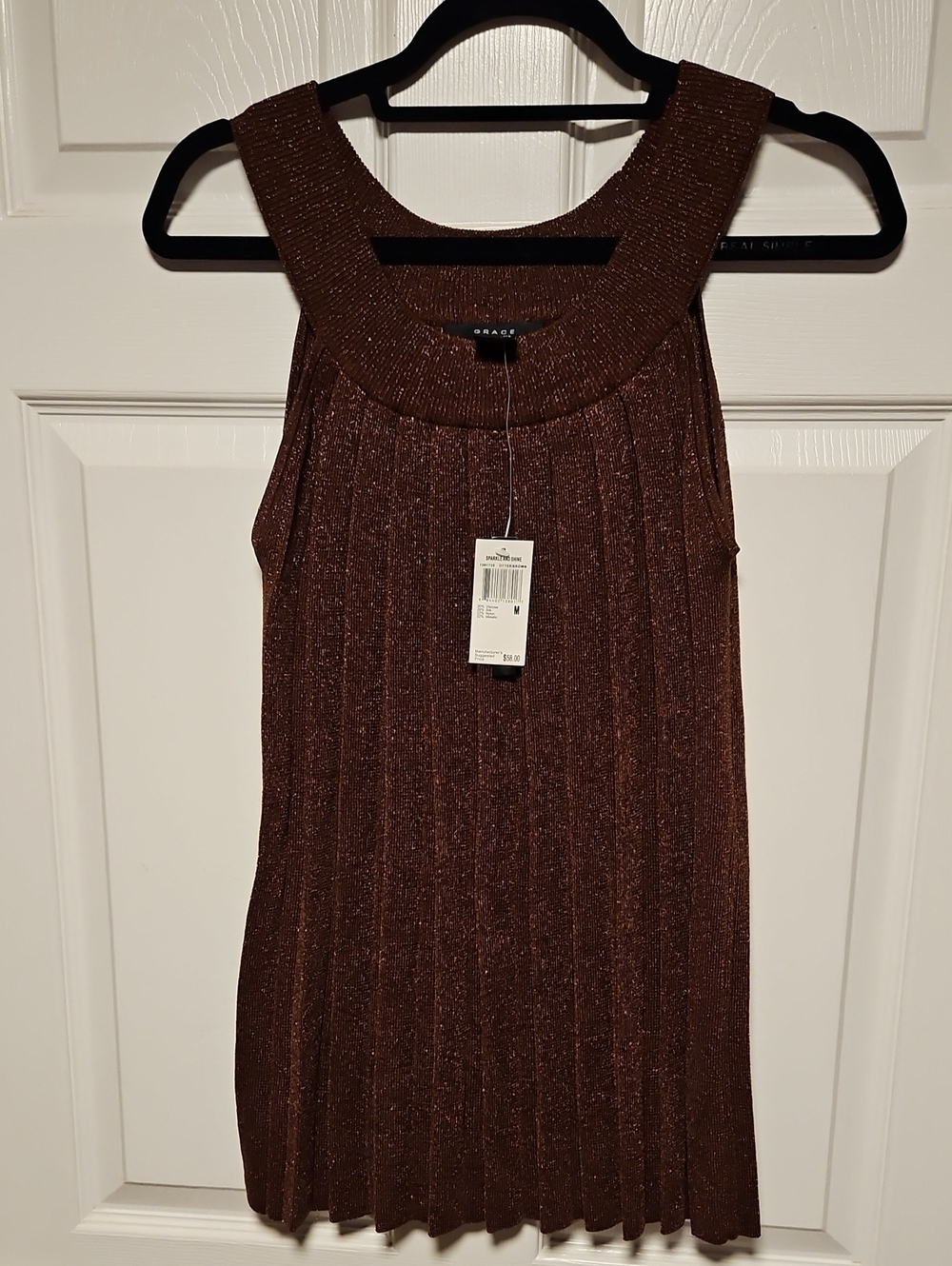 Caslon Metallic Brown Ribbed Pleat Tank